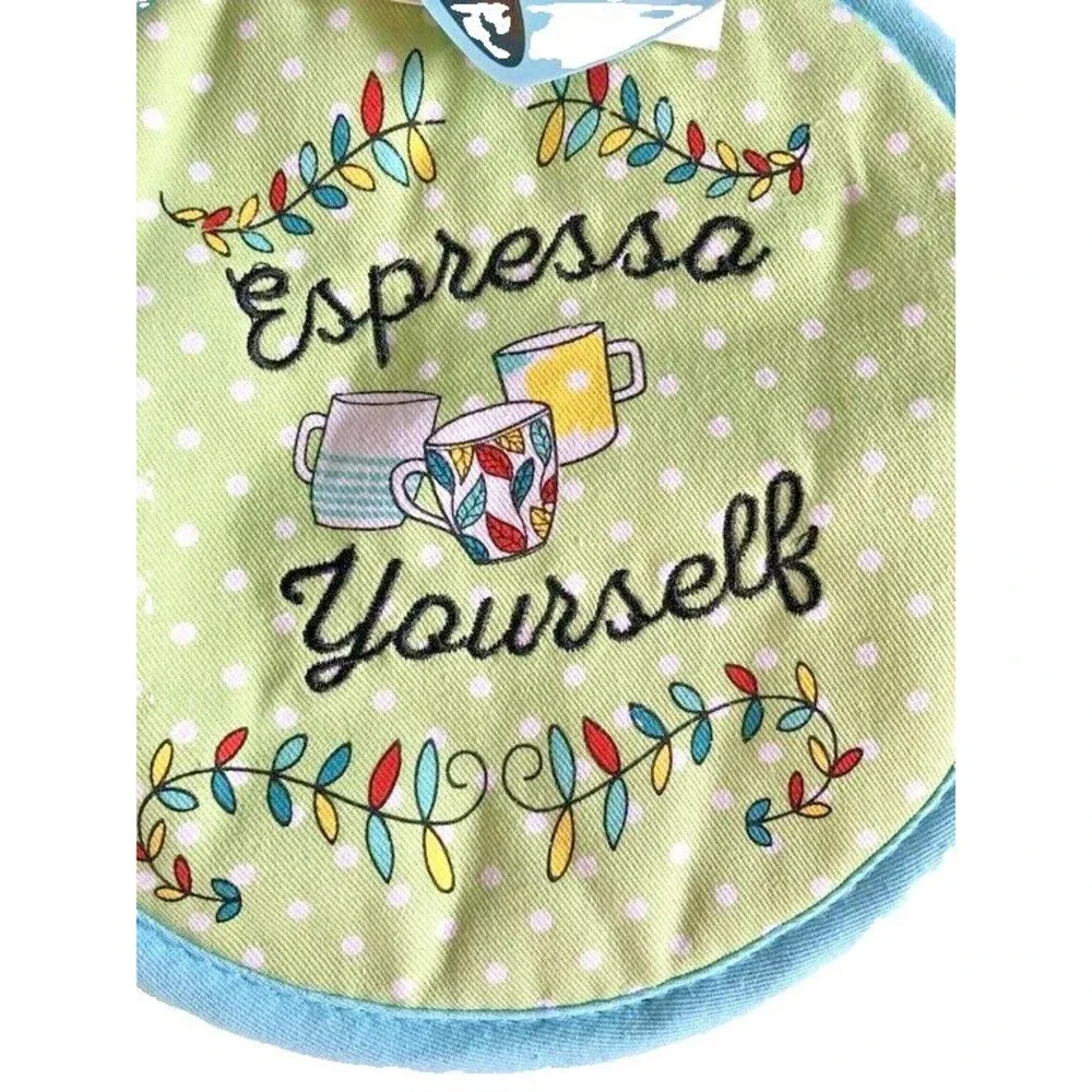 Expresso Yourself Coffee Themed Set of 3 Dish Towel Potholder Oven Mitt Lime
